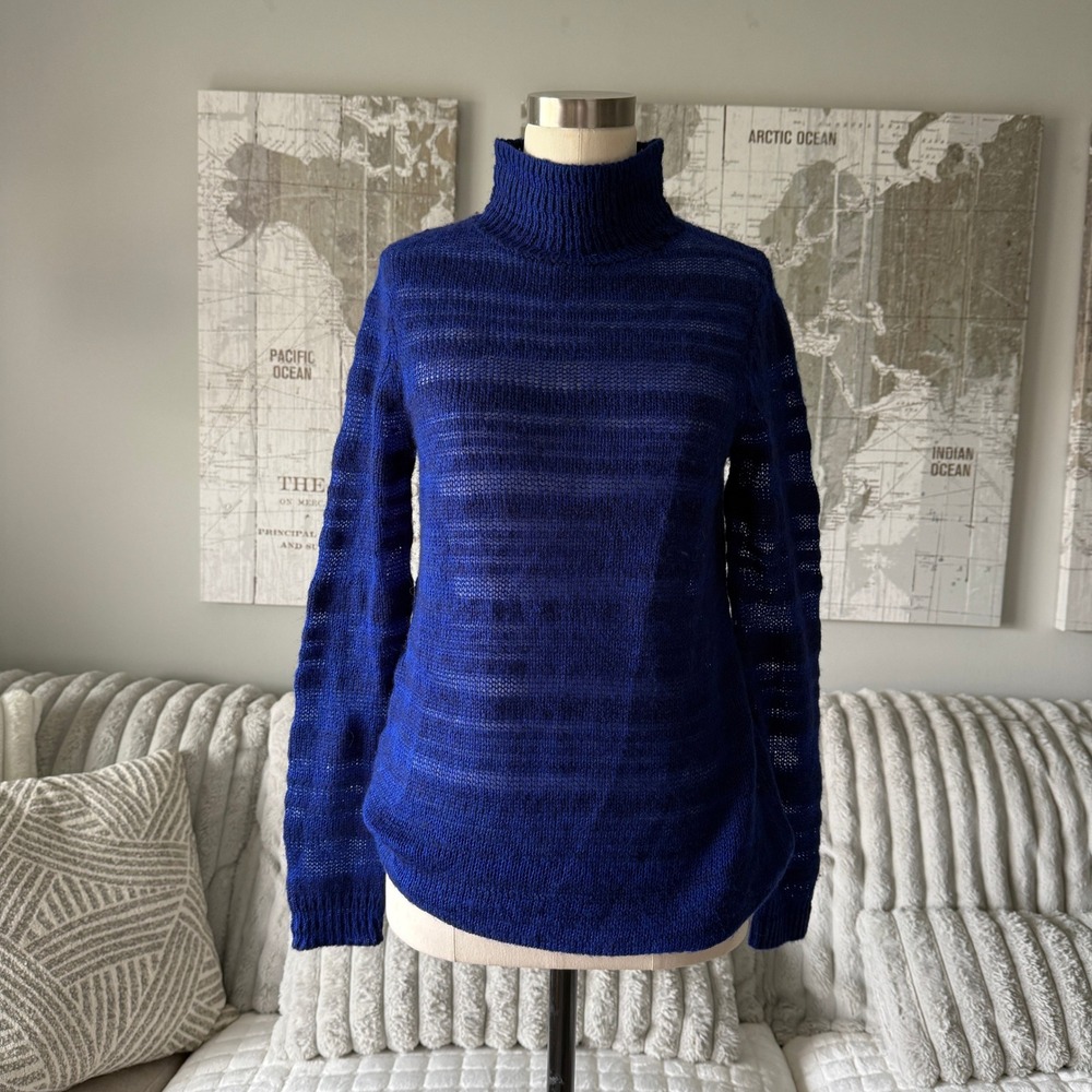Moth Anthropologie Royal Blue Mock Neck Wool Blend Open Knit Sweater Small